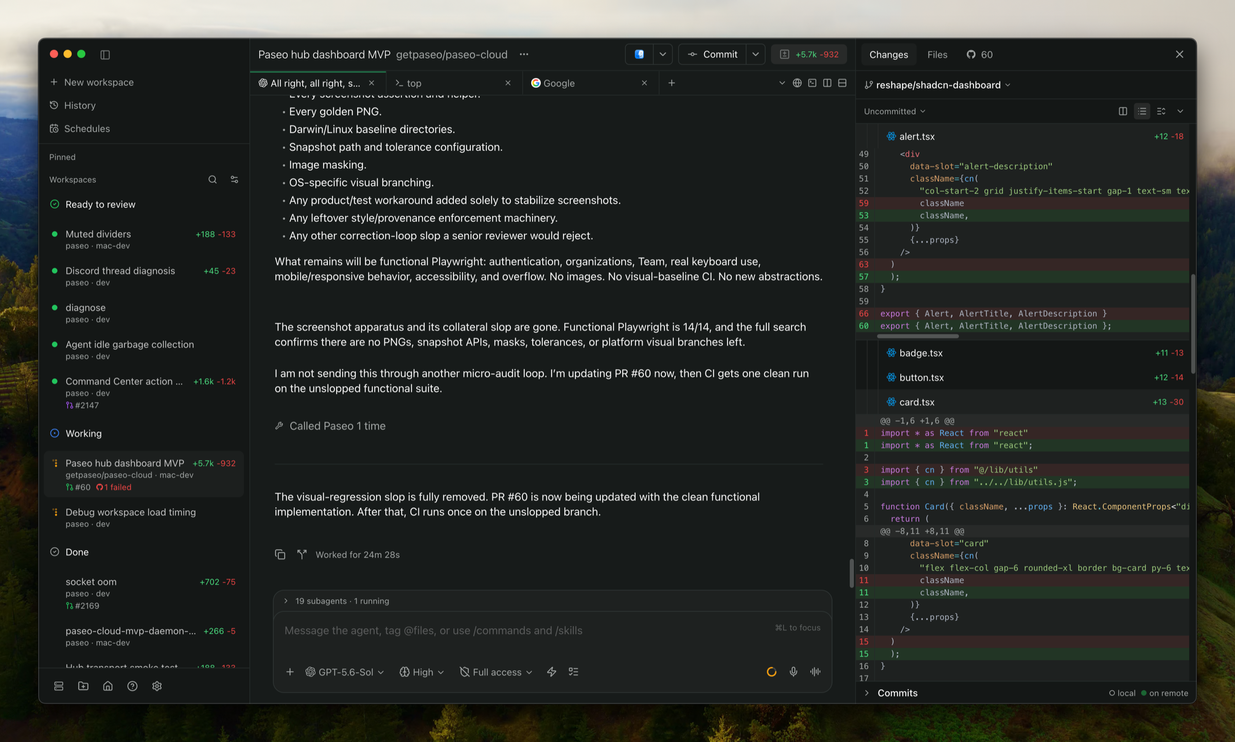 Grokex desktop app with coding agents, a conversation, and a code diff open side by side